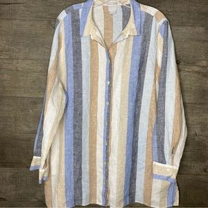 Chicos 100 Percent Linen Striped Button Front Top Size 3.5(xl)